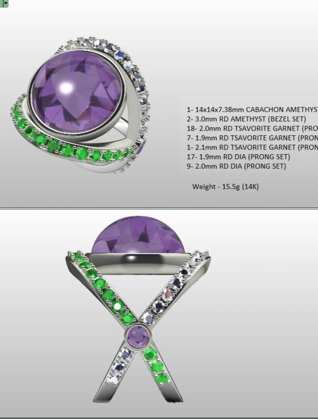 CAD render of an amethyst ring